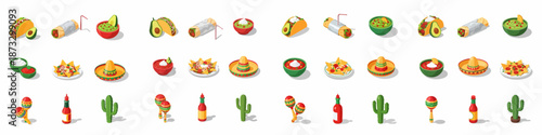 Isometric Mexican Food and Culture Icons Collection: Tacos, Burritos, Guacamole, Nachos, Sombreros, Maracas, Cactus, and Hot Sauce Vectors.