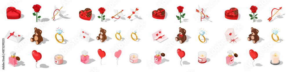Fototapeta premium Isometric Valentine's Day Icon Set: Collection of Romantic Objects like Roses, Chocolates, Rings, Teddy Bears, Balloons, and Love Letters for Holiday Design.