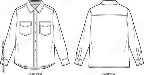 Button-up shirt sketch, long sleeve design, chest flap pockets, pointed collar, front and back view, flat vector illustration