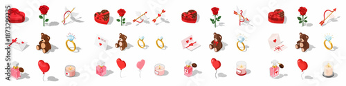 Isometric Valentine's Day Icon Set: Collection of Romantic Objects like Roses, Chocolates, Rings, Teddy Bears, Balloons, and Love Letters for Holiday Design.
