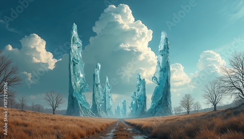 Scenic view with ice formations in field with clouds. Blue sky, horizon, nature landscape with icebergs. Trees grow around land. Concept for climate change and glaciers melt or ice age.