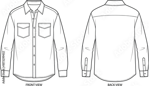 Button-up shirt sketch, long sleeve design, flap chest pockets, pointed collar, front and back view, flat vector illustration