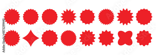 Set of red starburst. Price sticker, sale sticker, price tag, starburst, quality mark, retro stars, sale. Circle sticker set. red starburst shape tags for price tags