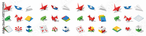 Isometric Origami Icons Set: Paper Crane, Boat, Plane, Frog, Fox, Flower, Box, Instructions, and Colored Paper Stacks.