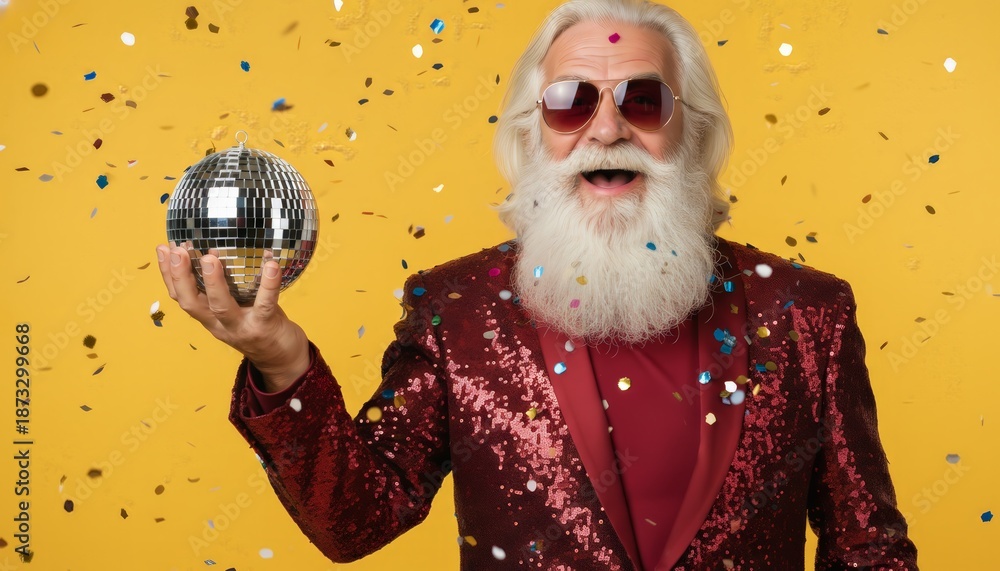 Obraz premium Senior man with long white beard and sunglasses wearing a sparkling red sequin suit, holding a disco ball amid falling confetti on a yellow background, retro party vibe