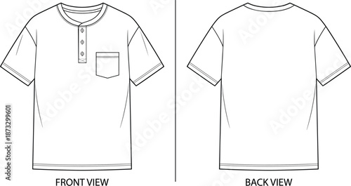 Henley T-shirt sketch, chest pocket, button placket, round neckline, short sleeve design, front and back view, flat vector illustration