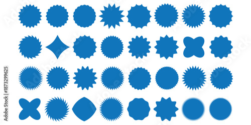 Set of dark blue vector starburst and sunburst badges. Flat design elements ideal for sale stickers, price tags, promotions and quality marks. Vector illustration isolated on transparent background