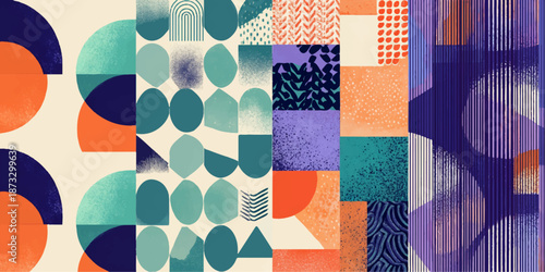 A vibrant and colorful background featuring a variety of geometric shapes and patterns, including circles, lines, and textures in shades of blue, orange, and green.