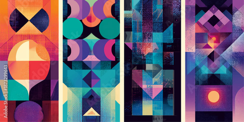 Four distinct panels showcasing vibrant, colorful geometric patterns with shapes and lines creating a dynamic visual experience.