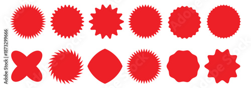 Set of red starburst. Price sticker, sale sticker, price tag, starburst, quality mark, retro stars, sale. Circle sticker set. Wavy edge promo red badges. Star burst shape tags for price. Red sale tag 