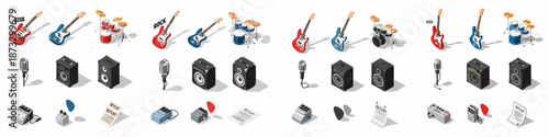 Isometric rock band equipment collection featuring electric and bass guitars, drum kits, amps, microphones, pedals, and setlists, perfect for music design.