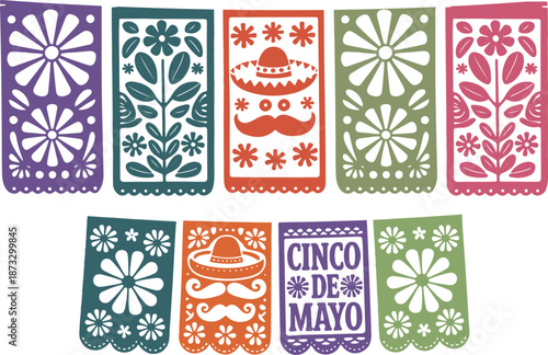 Colorful papal picador banners with floral and traditional Mexican designs background