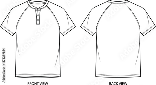 Raglan T-shirt sketch, button placket front, round neckline, seam path detail, front and back view, flat vector illustration