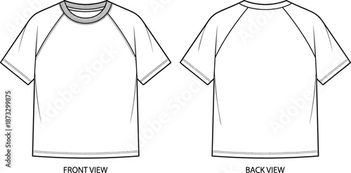 Raglan T-shirt sketch, short sleeve design, seam detail, front and back view, fashion technical drawing, flat vector illustration