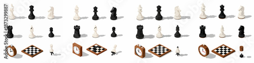 Isometric chess game elements set including King, Queen, Rook, Bishop, Knight, and Pawn pieces, chessboards, and competition clocks.