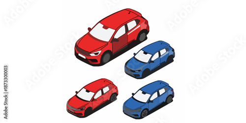 A dimetric vector illustration set featuring a modern crossover hatchback vehicle in red and blue color variations. The cars are shown from a dimetric angle that emphasizes the side profile and roofli