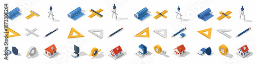 Isometric Collection of Architecture, Drafting, and Engineering Tools Icons, featuring Rulers, Compasses, Blueprints, Pencils, and Houses.