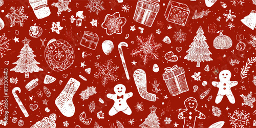 White christmas holiday pattern with ornaments and gingerbread