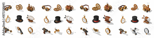 Isometric Steampunk Objects Icon Set: Goggles, Gears, Pocket Watches, Steam Engines, Airships, Top Hats, and Mechanical Weapons on White Background.