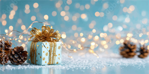 A beautifully wrapped gift box adorned with a gold ribbon sits in a snowy winter scene, surrounded by pinecones and twinkling fairy lights.