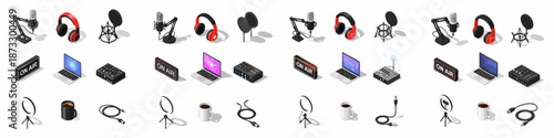 Isometric collection of podcasting, broadcasting, and streaming equipment icons including microphones, headphones, mixers, laptops, ring lights, and "on air" signs.