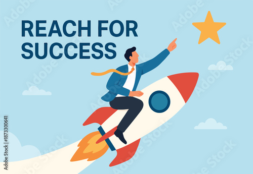 Success achievement, boost growth development to reach target, leadership to win business challenge, startup, entrepreneur or ambition to win, businessman riding fast rocket to reach success star.