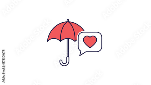 Red umbrella icon with a speech bubble containing a heart symbol representing love protection and care on white background.