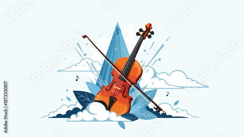 Elegant orange violin and bow resting among soft white clouds and blue leaves against a light blue sky backdrop.