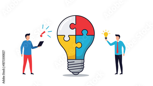 Business innovation and collaborative ideas concept featuring a large light bulb puzzle being solved by two professional businessmen.