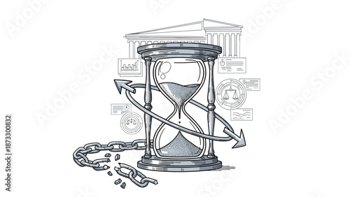 Legal time and freedom concept featuring an hourglass with circular arrow and broken chains before a classic courthouse building.