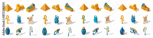 Ancient Egyptian Culture Isometric Icon Set: Pyramids, Sphinx, Sarcophagus, Ankh, Scarab, Papyrus, and Eye of Horus Artifacts Collection.