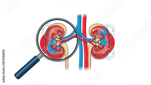 Medical examination of human kidneys and circulatory system using a large magnifying glass to inspect internal organ health.