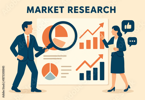Market research, marketing or advertising survey to launch product, competitors research or social media report marketing report concept, business people look at magnify market data chart and graph
