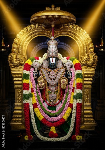 Ornate idol of Lord Venkateswara adorned with flower garlands and golden backdrop.