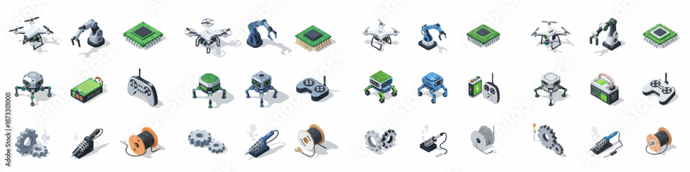 Naklejka premium Isometric Icons of Robotics, Automation, and Electronics Components: Drones, Robotic Arms, Microchips, Gears, Batteries, Soldering Tools, and Controllers.