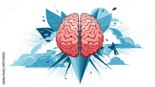 Creative mind and mental exploration concept featuring a large central brain surrounded by abstract clouds, leaves, and a tiny human figure.