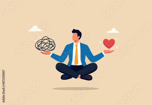 Stress management balance between work concentration and mental health, work life balance or meditation and relax, businessman meditate floating balancing messy chaos and work passion heart shape.