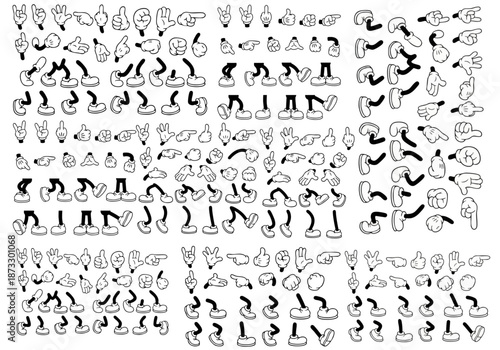 Retro cartoon legs and hands, Hands with gloves and feet with boots, various poses for characters, a set of poses, gestures, placement of hands and feet. Mascot character set. Cartoon set of limbs