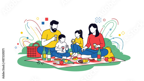 Happy family of four enjoying a relaxing picnic on a red checkered blanket in a green park with modern abstract decorations.