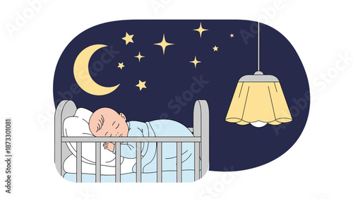 Peaceful baby sleeping soundly in a wooden crib at night with a crescent moon stars and a glowing lamp in the room.