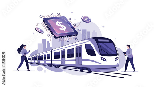 Future of transportation and financial technology concept showing a high-speed train near digital chips and floating money coins.