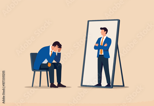 Self esteem or self care, believe in yourself improving confident, respect in your strong attitude concept, frustrated businessman looking at mirror with his shadow encourage his confidence