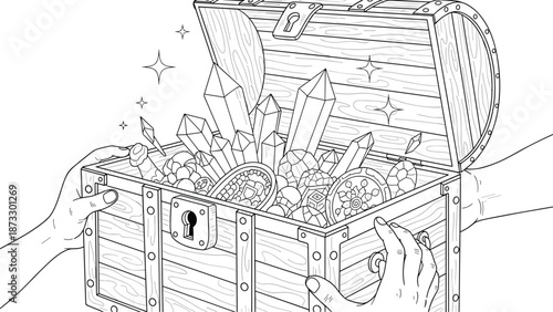 Detailed line art drawing of two hands opening a heavy wooden treasure chest overflowing with precious crystals, coins, and jewels.