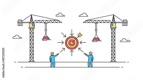 Construction workers and heavy cranes aiming for a bullseye target represent achieving business goals and industrial project planning.