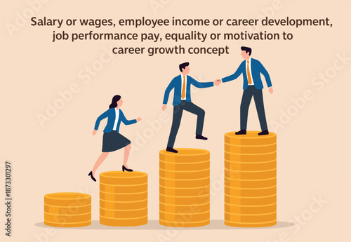 Salary or wages, employee income or career development, job performance pay, equality or motivation to career growth concept, business people on growing money coins as salary or wages payment.
