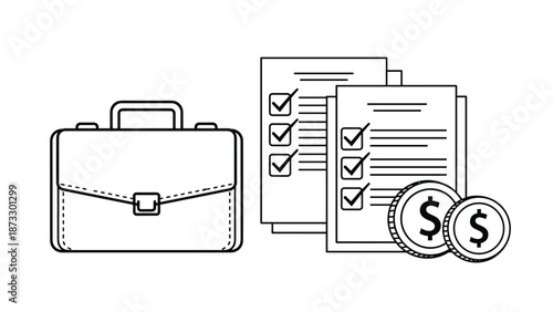 Professional briefcase shown alongside checklist documents and dollar coins illustrates financial management and business organization.