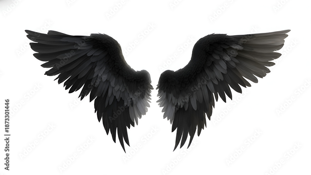 Obraz premium Detailed Black Angel Wings: Spread Realistic Dark Feathers for Gothic, Fantasy, or Raven Inspired Concept Art Isolated on White