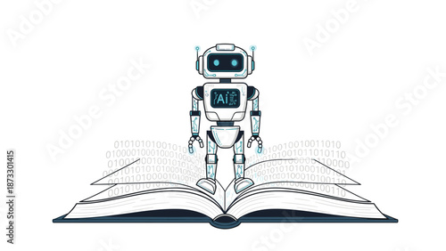 Futuristic white robot standing on an open book with binary code patterns representing the evolution of digital learning.