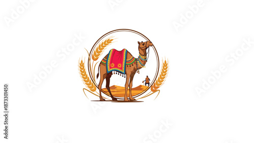 Decorative logo design featuring a camel with a traditional saddle in a desert landscape framed by golden wheat stalks.