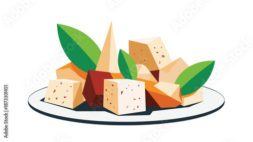 Stylized illustration of various types of cheese cubes and wedges arranged on a white plate with fresh green leaves.